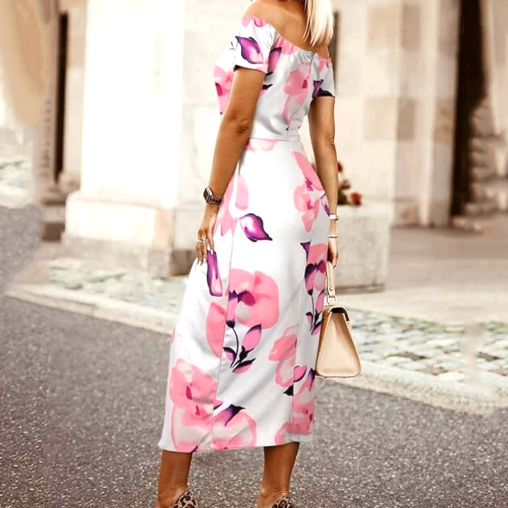 Floral Off-Shoulder Maxi Dress White with Pink flowers Size medium‎